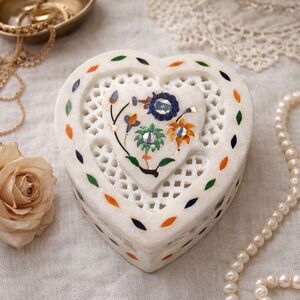 Hand Carved Marble Inlay Heart Trinket Box Floral Pietra Dura Jewelry Keepsake